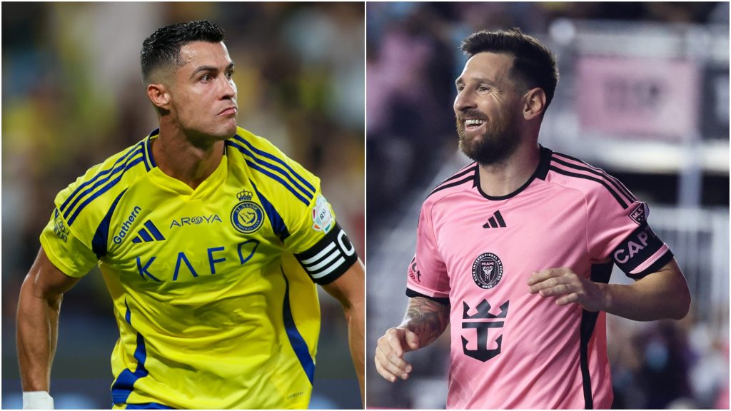 Lionel Messi #10 of Inter Miami celebrates scoring his third goal during the second half against the New England Revolution at Chase Stadium on October 19, 2024 in Fort Lauderdale, Florida/Cristiano Ronaldo of Al Nassr celebrating after scores the 1st goal during the Saudi Pro League match between Al Nassr and Al Raed at Al Awwal Park Stadium on August 22, 2024 in Riyadh, Saudi Arabia.