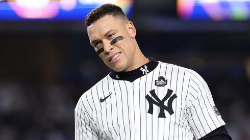 Aaron Judge #99 of the New York Yankees walks off the field after being left on base during the eighth inning of Game Five of the 2024 World Series against the Los Angeles Dodgers at Yankee Stadium on October 30, 2024 in the Bronx borough of New York City.