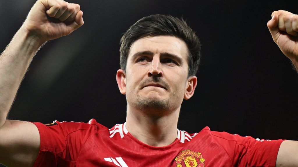 Harry Maguire of Manchester United celebrates victory after the UEFA Europa League 2024/25 Quarter Final Second Leg match between Manchester United and Olympique Lyonnais