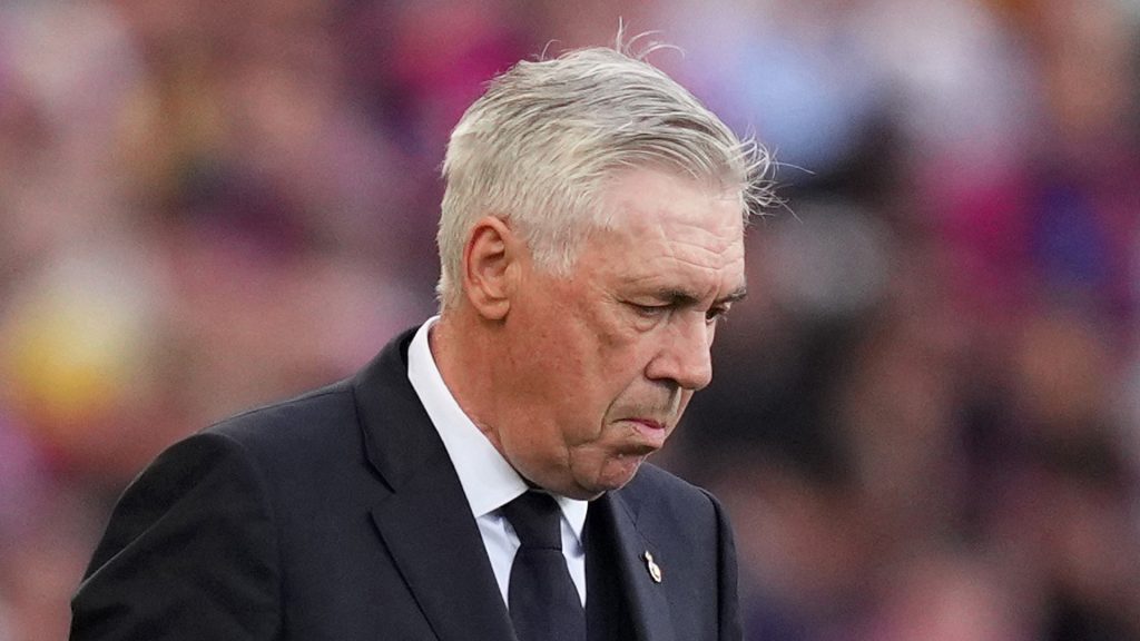 Carlo Ancelotti, Head Coach of Real Madrid, looks dejected during the LaLiga match between FC Barcelona and Real Madrid CF at Estadi Olimpic Lluis Companys on May 11, 2025 in Barcelona, Spain.