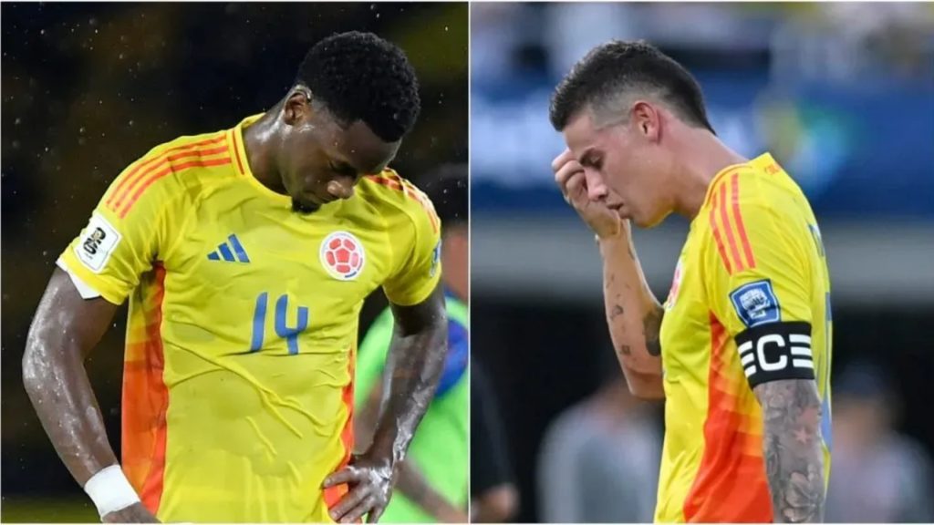 Jhon Duran (left) and James Rodriguez looking down while playing for Colombia.