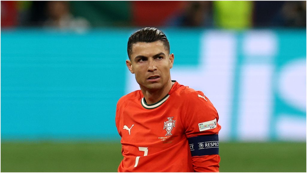 Cristiano Ronaldo of Portugal reacts following an injury during the UEFA Nations League 2025 final match between Portugal and Spain at Munich Football Arena on June 08, 2025 in Munich, Germany.