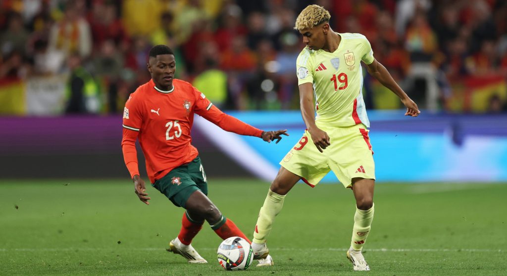 Youngster Lamine Yamal facing Nuno Mendes in the UEFA Nations League
