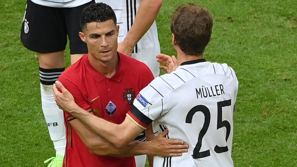 Thomas Muller and Cristiano Ronaldo facing each other in UEFA Euro 2020