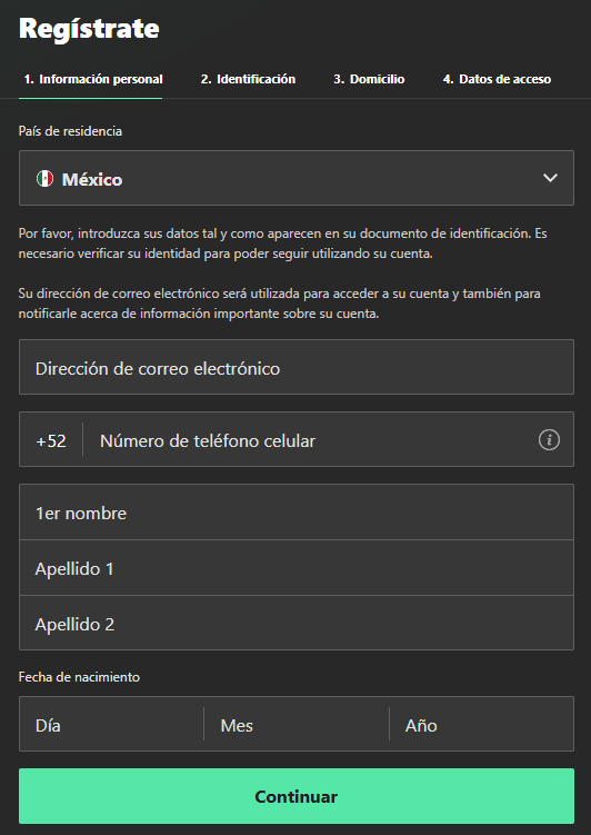pantalla de registro en bet365